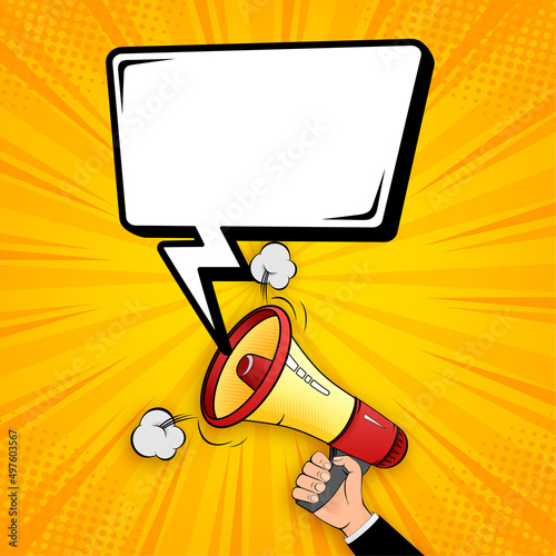 Pop style banner with megaphone on yellow background. Art collage banner. Vector background