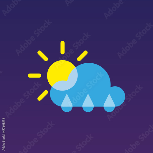 flat vector illustration, sticker icon of shining sun behind the rain cloud for website or weather app