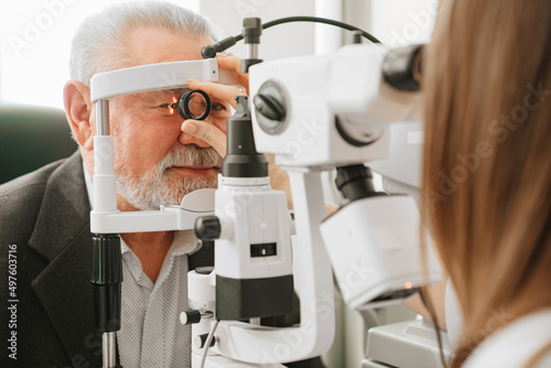 ophthalmologist examination of elderly man with slit lamp. medical equipment