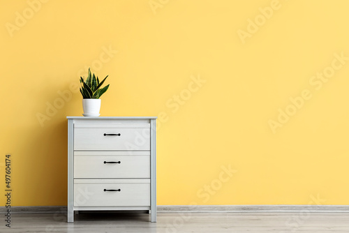 Modern chest of drawers with houseplant near yellow wall