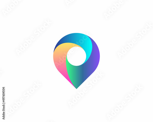 Abstract bright gradient pin logo design. Universal 3d destination, gps, navigation vector sign symbol logotype in white background.