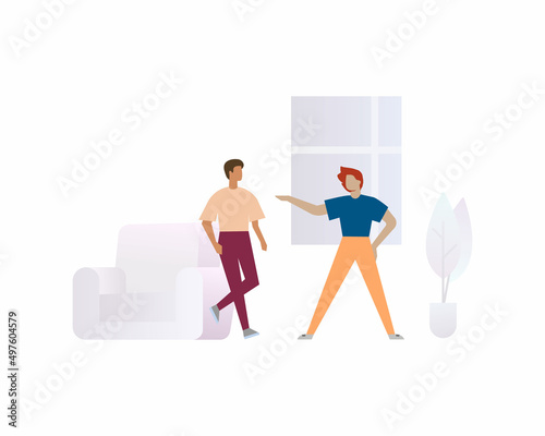 Lifestyle scene - two men are arguing in a room. Two friends, neighbors emotionally talking in a cozy interior. Vector flat illustration.