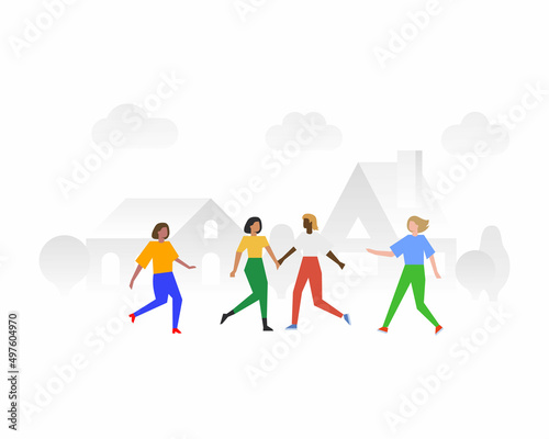 Lifestyle scene - four girls walking down the street to meet each other. Friends, neighbors in colorful clothes are happy to see each other. Modern vector illustration in trendy style.