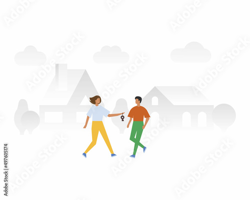 Young real estate agent giving house key to male client. Real estate business, real estate transactions concept. Realtor girl passing key to a new house owner. Vector minimalist flat illustration.