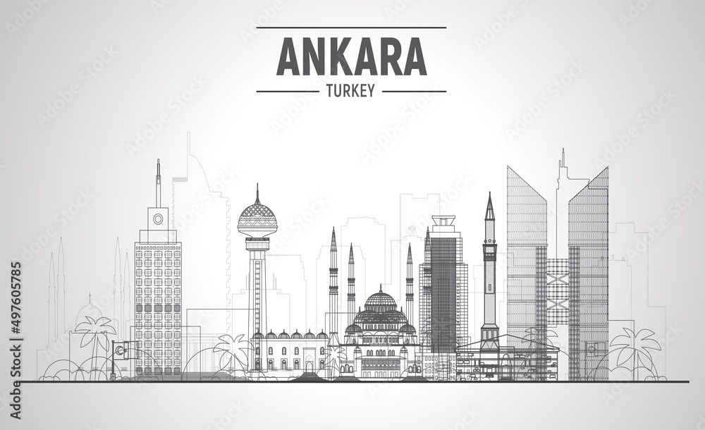 Ankara (Turkey) city line skyline on a white background. Flat vector illustration. Business travel and tourism concept with modern and old buildings. Image for banner or website.