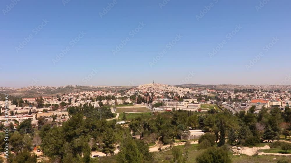 A panoramic view of the Jerusalem mountains and the western neighborhoods of the city, from the observatory in the Castel National Park A panoramic view of the Jerusalem mountains and the western neighborhoods of the city, from the observatory in the Castel National Park