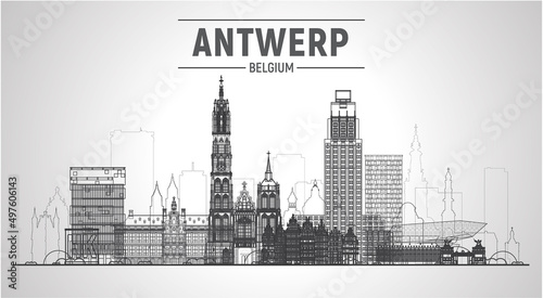 Antwerp  Belgium  line skyline with panorama in white background. Vector Illustration. Business travel and tourism concept with modern buildings. Image for presentation  banner  website.