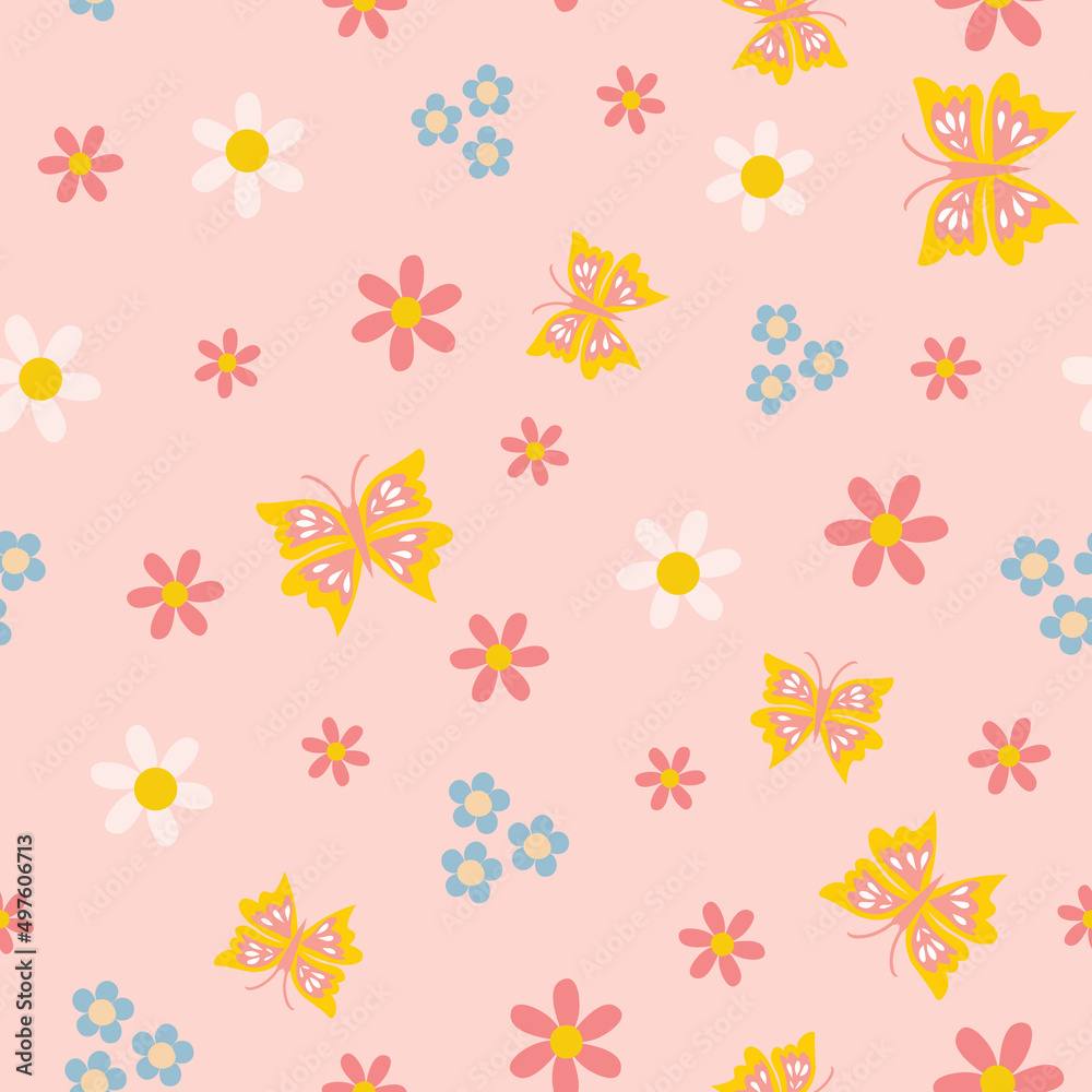 girls butterfly floral seamless vector pattern