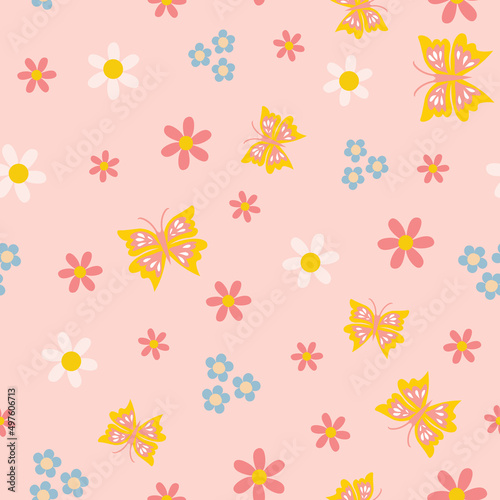 girls butterfly floral seamless vector pattern