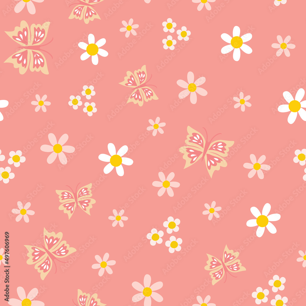 pink butterfly floral seamless vector pattern