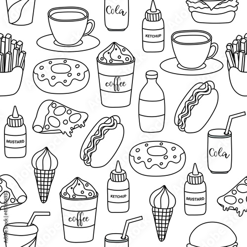 Fast food vector seamless pattern. Isolated on white background. Black and white