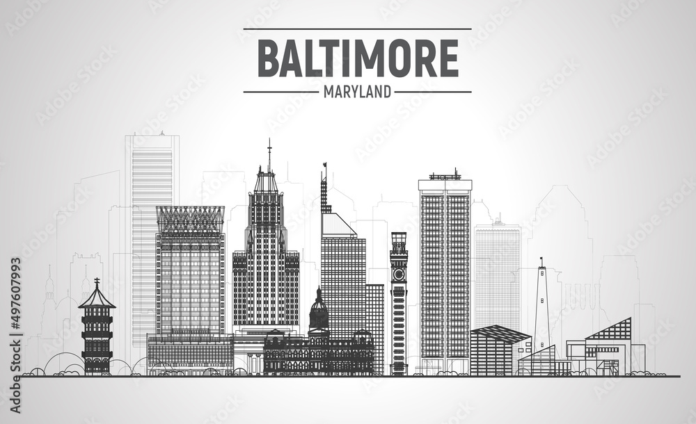 Baltimore ( Maryland ) line skyline with silhouette at white background. Vector Illustration. Business travel and tourism concept with modern buildings.