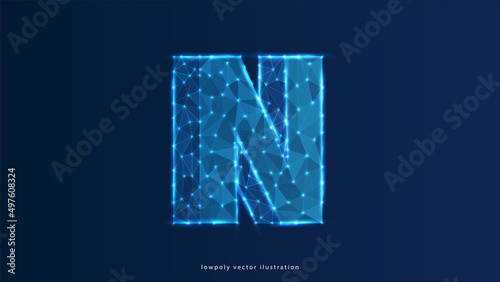 alphabet N Alphabet letter N. Design of an Uppercase letter. Banner, template or a pattern. Abstract digital wireframe, low poly mesh, vector blue neon 3d illustration. Triangle, line, dot

