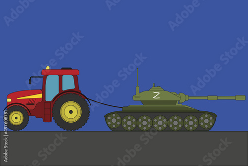 Ukrainian tractor tows away a Russian tank with a Z symbol vector illustration