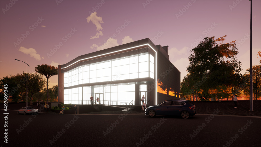 Obraz premium Modern office project, shop building. 3d graphics. Architectural visualization.