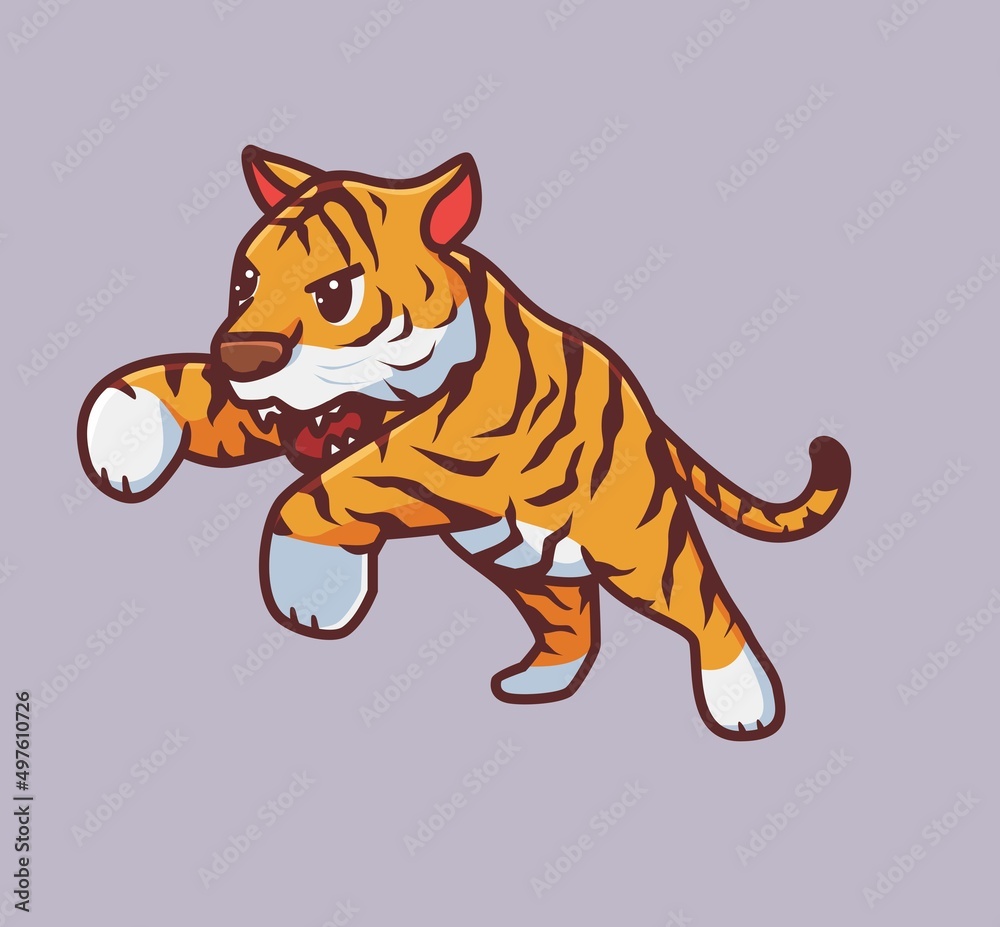 cute tiger jumping hunting. isolated cartoon animal nature illustration. Flat Style suitable for Sticker Icon Design Premium Logo vector. Mascot Character cute tiger jumping hunting. isolated cartoon animal nature illustration. Flat Style suitable for Sticker Icon Design Premium Logo vector. Mascot Character