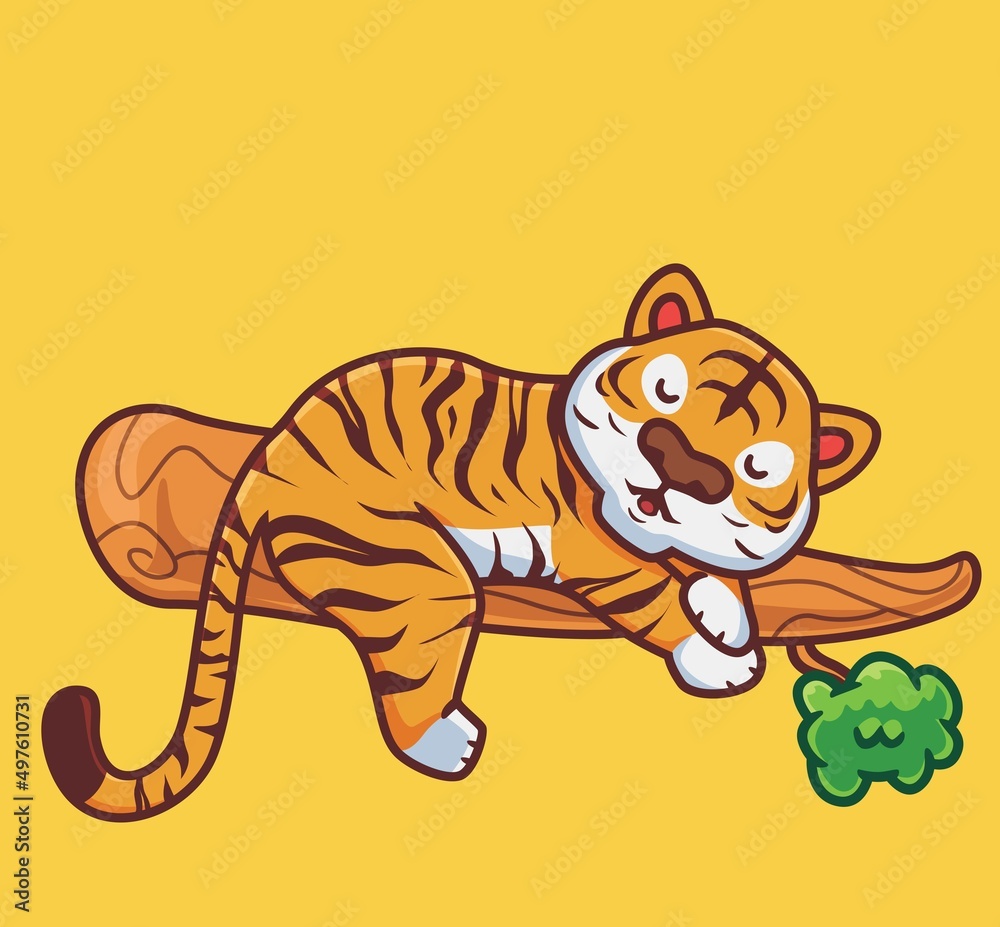 cute tiger sleep on tree. isolated cartoon animal nature illustration. Flat Style suitable for Sticker Icon Design Premium Logo vector. Mascot Character cute tiger sleep on tree. isolated cartoon animal nature illustration. Flat Style suitable for Sticker Icon Design Premium Logo vector. Mascot Character
