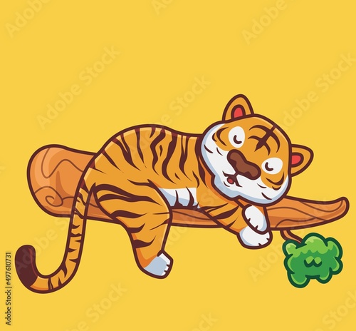 cute tiger sleep on tree. isolated cartoon animal nature illustration. Flat Style suitable for Sticker Icon Design Premium Logo vector. Mascot Character