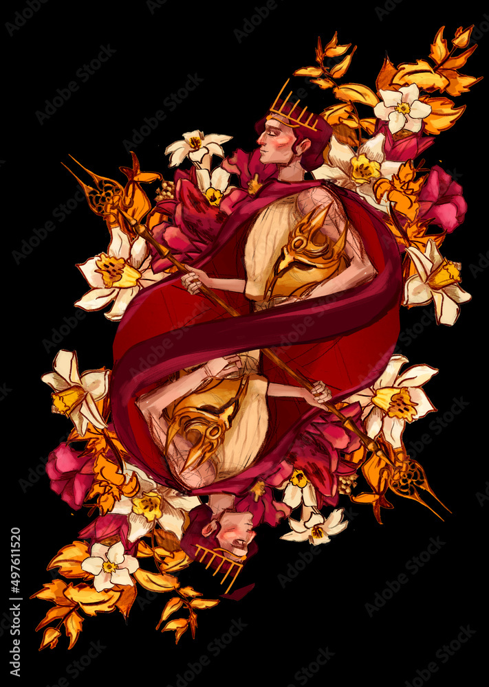 Hades playing card. Greek god surrounded with asphodels, narcissus