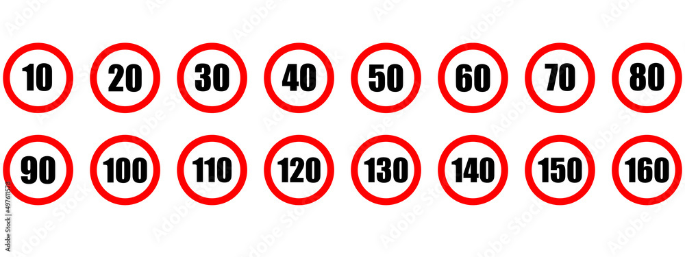 Speed limit icon. Set of red road signs of 10-160 kmh.  Circle standard road sign number kmh. eps 10 - obrazy, fototapety, plakaty 