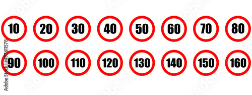 Speed limit icon. Set of red road signs of 10-160 kmh. Circle standard road sign number kmh. eps 10