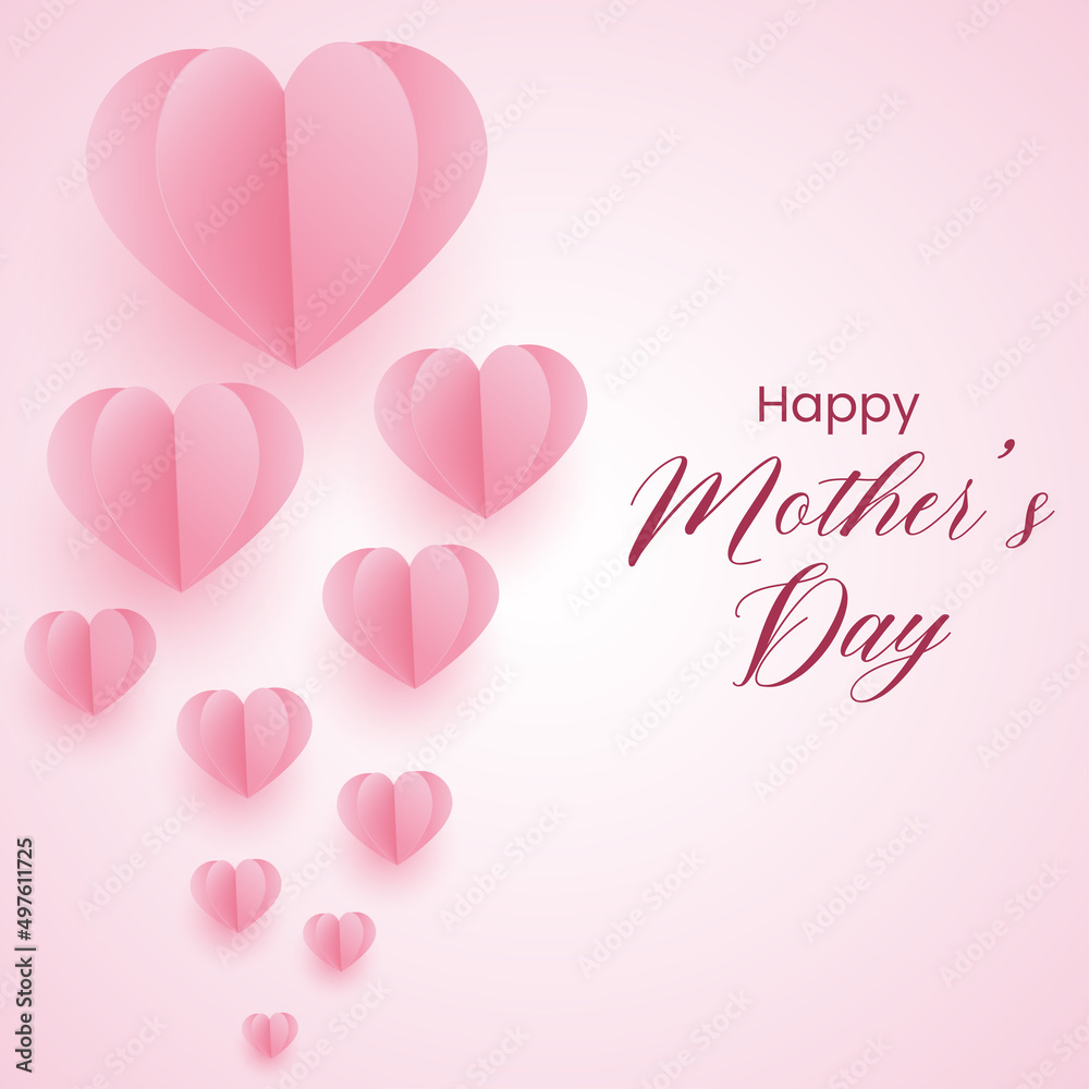 Mother's Day greeting card.Vector banner with pink paper heart flew up and enlarged.text with the inscription happy mother's day with a background of white to pink gradation