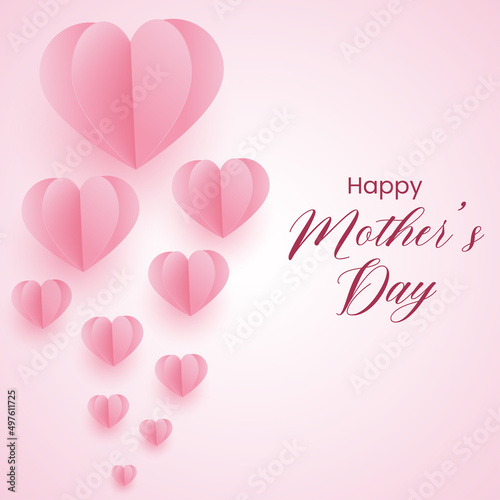 Mother's Day greeting card.Vector banner with pink paper heart flew up and enlarged.text with the inscription happy mother's day with a background of white to pink gradation © Jobzdesign (CF : 84)