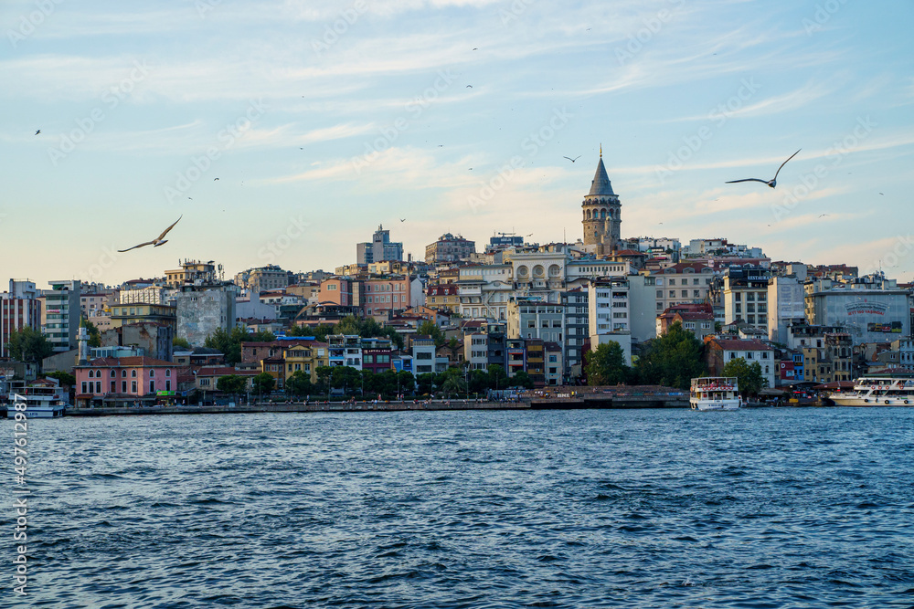 Views of the Galata Tower and the Bosphorus River in Istanbul, Turkey