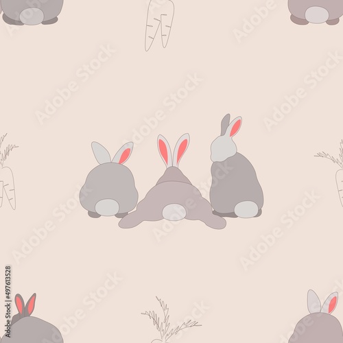 Seamless pattern with bunnies and carrots, vector art. Bunny silhouettes in minimalistic style. Neutral colors.