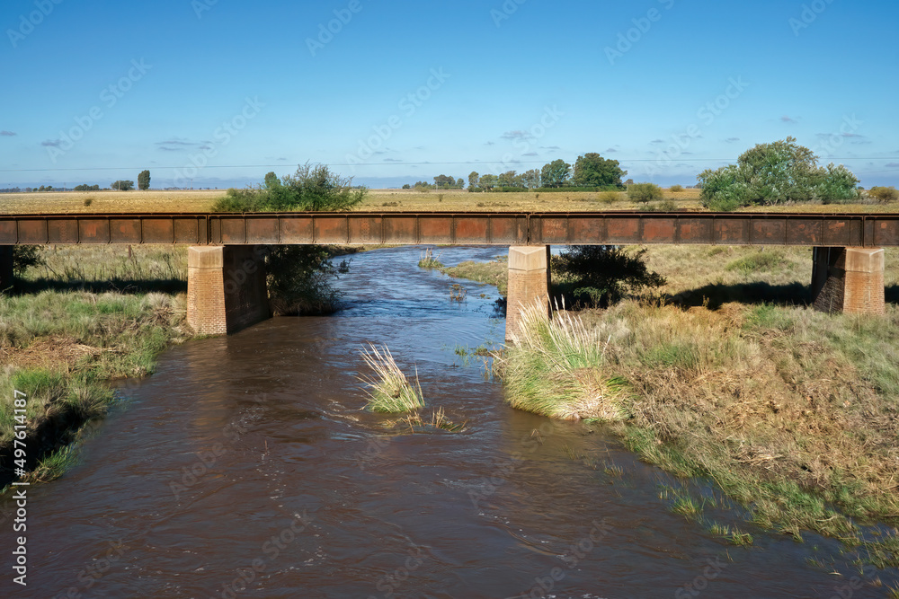 simple iron bridge for crossing train tracks crossing a river with vegetation in rural landscape