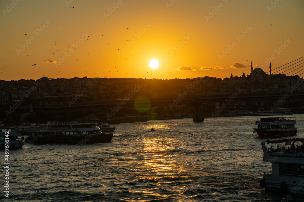 Black panorama of Istanbul city during sunset
