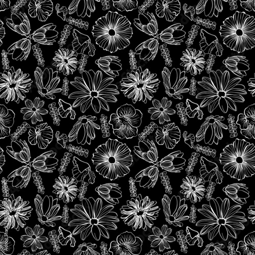 Seamless floral pattern with garden flowers in doodle technique on a black background vector illustration 