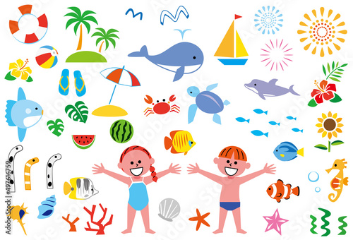 夏　海　海水浴　イラストセット