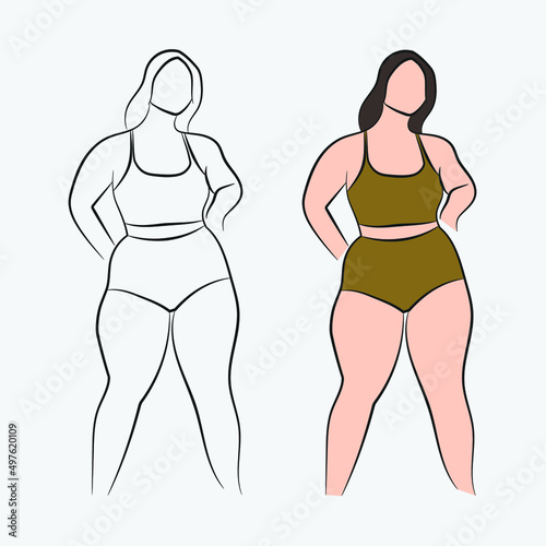 hand drawn vector illustration of a silhouette of a Big body woman and Plus size model line art