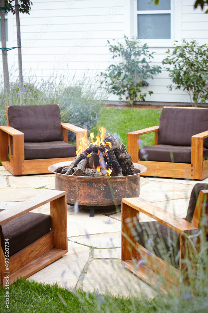 Architecture image of outdoor resort lounge fire pit Stock Photo