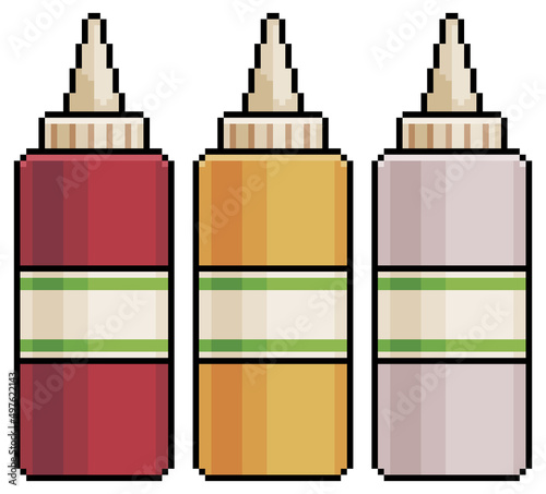Pixel art jar of ketchup, mustard and mayonnaise vector icon for 8bit game on white background
