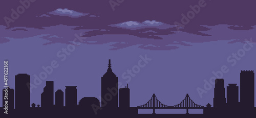 Pixel art city background with buildings, constructions, bridge and cloudy sky for 8bit game
