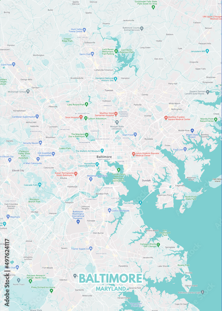 Poster Baltimore - Maryland map. Road map. Illustration of Baltimore - Maryland streets. Transportation network. Printable poster format.