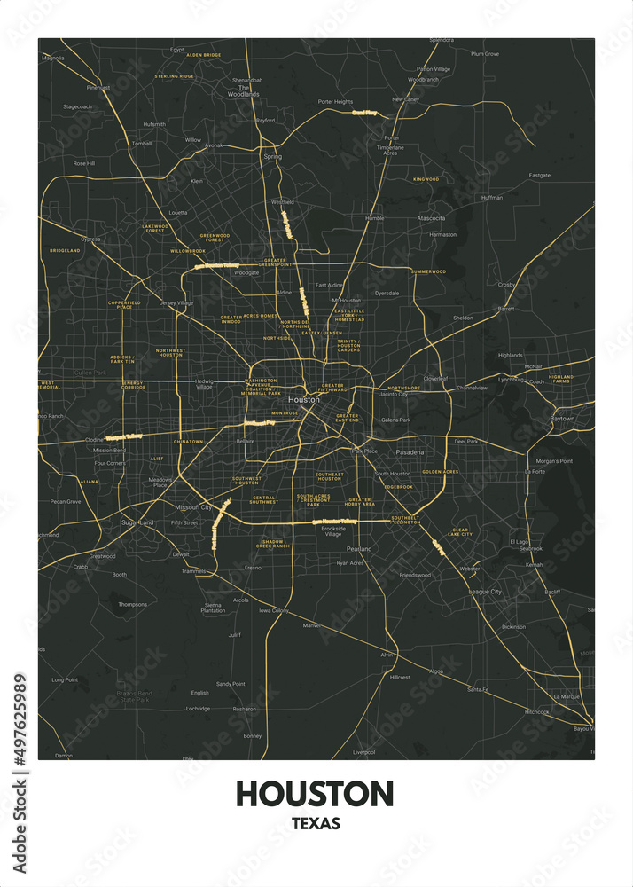 Poster Houston - Texas map. Road map. Illustration of Houston - Texas streets. Transportation ...