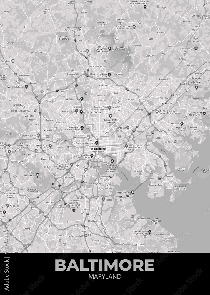 Poster Baltimore - Maryland map. Road map. Illustration of Baltimore - Maryland streets. Transportation network. Printable poster format.