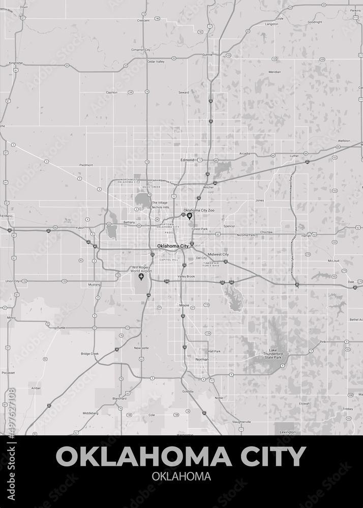 Poster Oklahoma City - Oklahoma map. Road map. Illustration of Oklahoma City - Oklahoma streets. Transportation network. Printable poster format.
