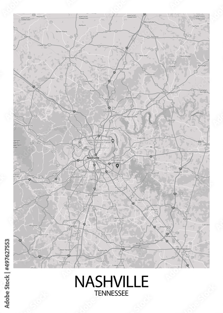 Poster Nashville - Tennessee map. Road map. Illustration of Nashville ...