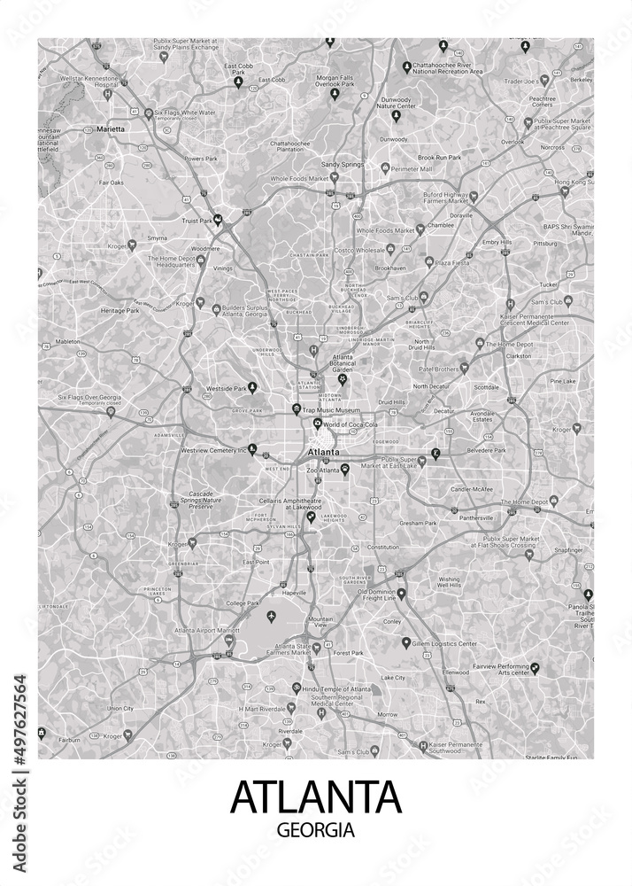 Poster Atlanta - Georgia map. Road map. Illustration of Atlanta - Georgia streets. Transportation network. Printable poster format. Poster Atlanta - Georgia map. Road map. Illustration of Atlanta - Georgia streets. Transportation network. Printable poster format.