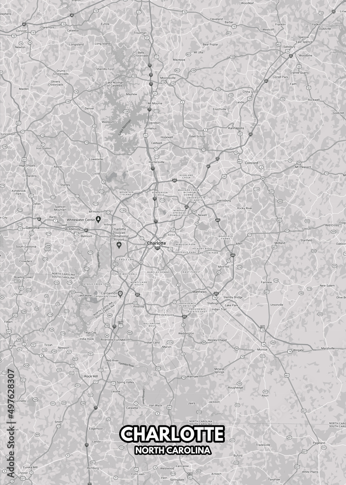 Poster Charlotte - North Carolina map. Road map. Illustration of Charlotte - North Carolina streets. Transportation network. Printable poster format.