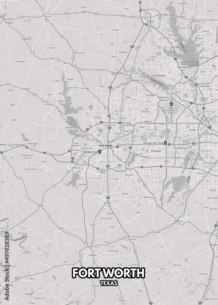 Poster Fort Worth - Texas map. Road map. Illustration of Fort Worth - Texas streets. Transportation network. Printable poster format. Poster Fort Worth - Texas map. Road map. Illustration of Fort Worth - Texas streets. Transportation network. Printable poster format.