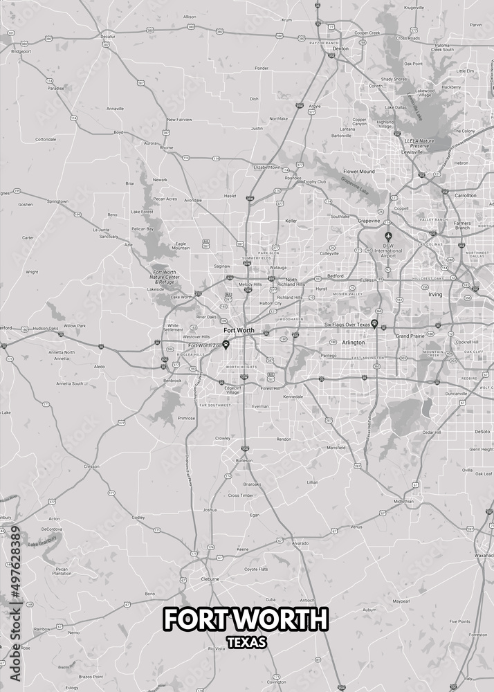 Poster Fort Worth - Texas map. Road map. Illustration of Fort Worth - Texas streets. Transportation network. Printable poster format.