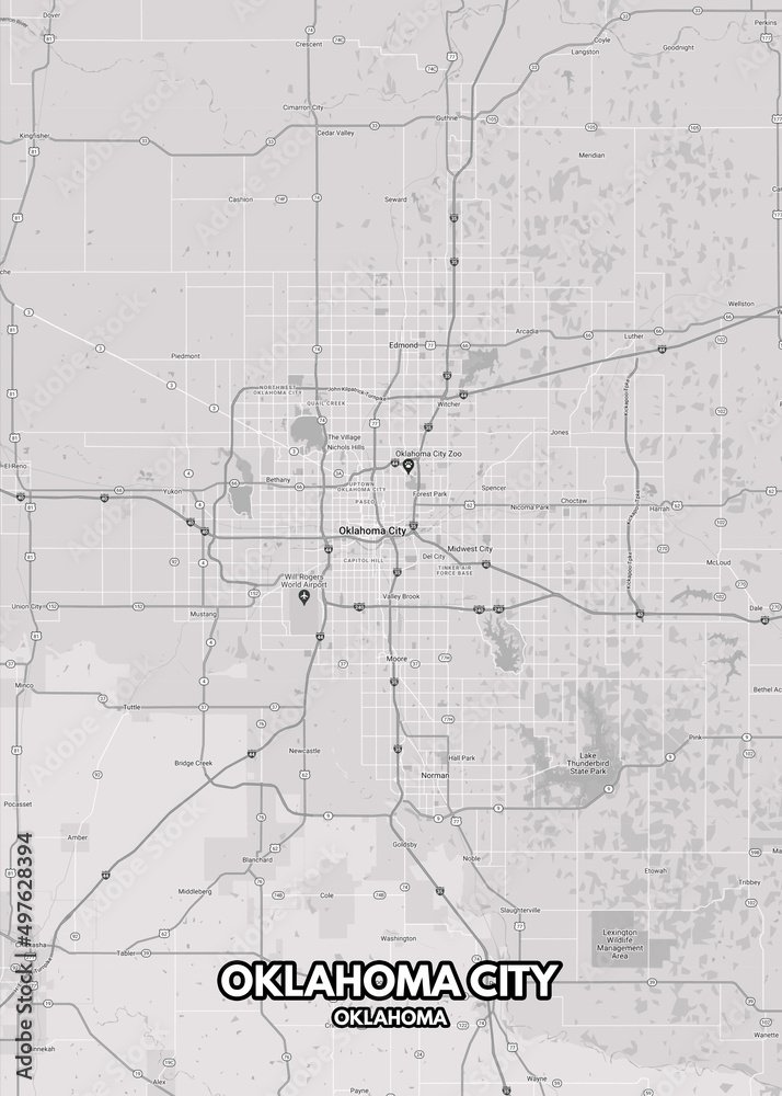 Poster Oklahoma City Oklahoma map. Road map. Illustration of Oklahoma City Oklahoma streets