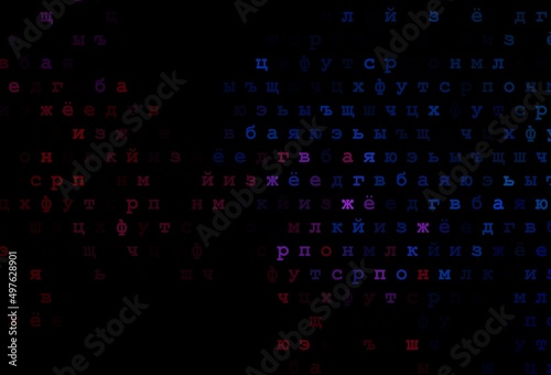 Dark blue, red vector background with signs of alphabet.
