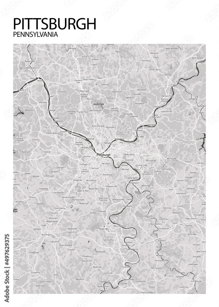 Poster Pittsburgh Pennsylvania map. Road map. Illustration of
