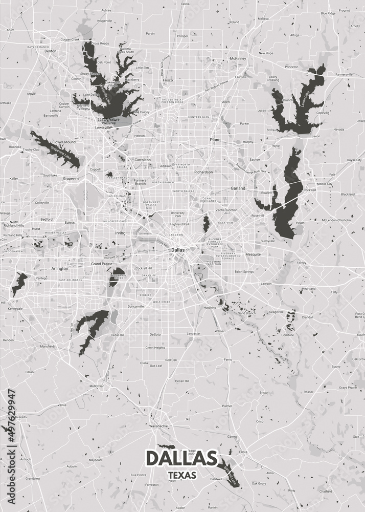 Poster Dallas - Texas map. Road map. Illustration of Dallas - Texas streets. Transportation ...